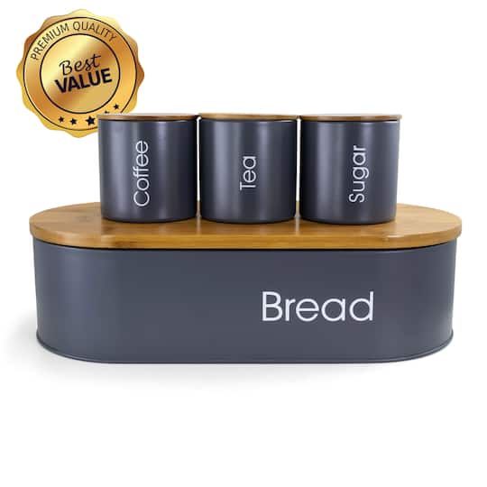 MegaChef Bamboo Kitchen Countertop Gray 4-Piece Metal Bread Basket & Canister Set